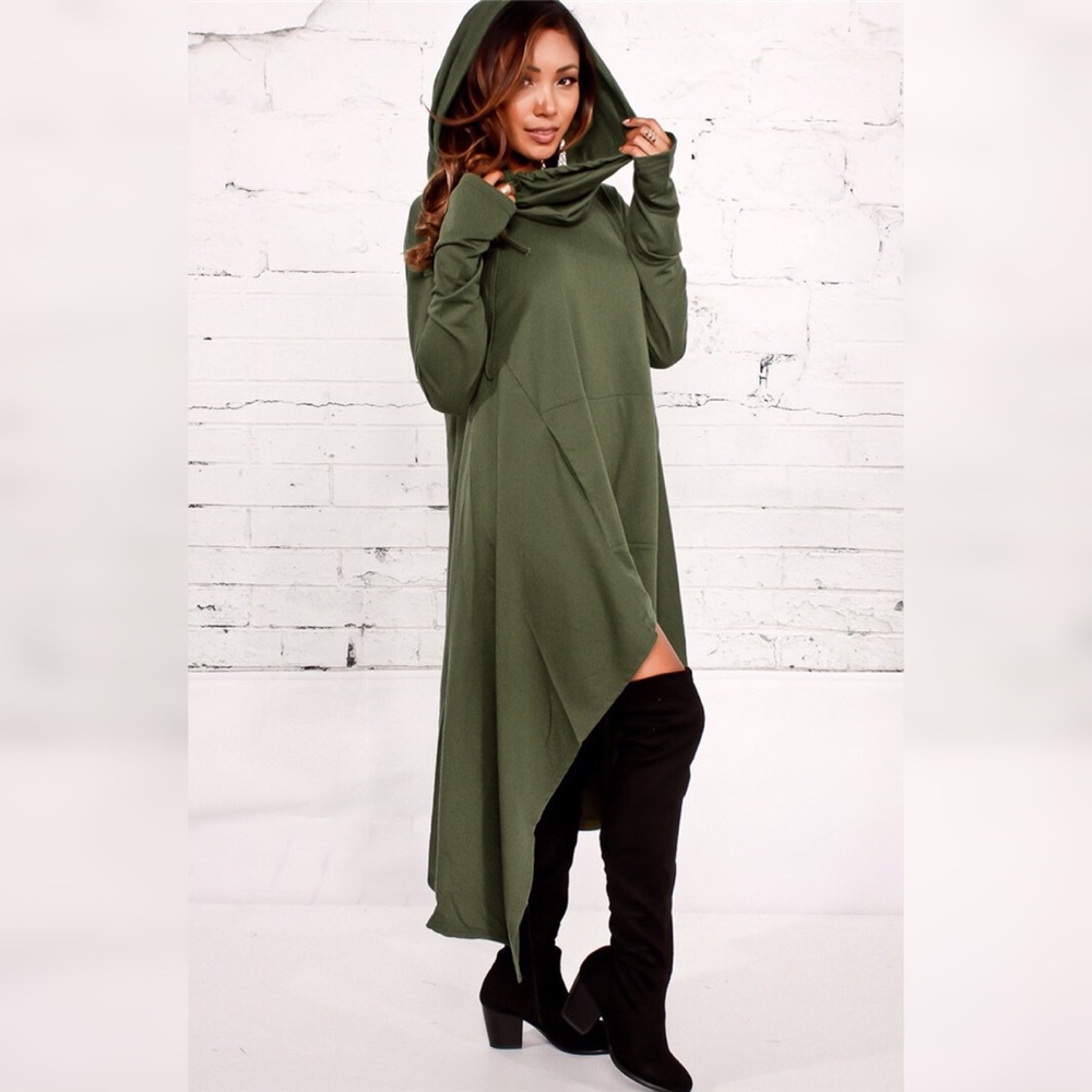 Asymmetrical High Lo Maxi Hoodie Tunic Dress Olive - Picture 4 of 8